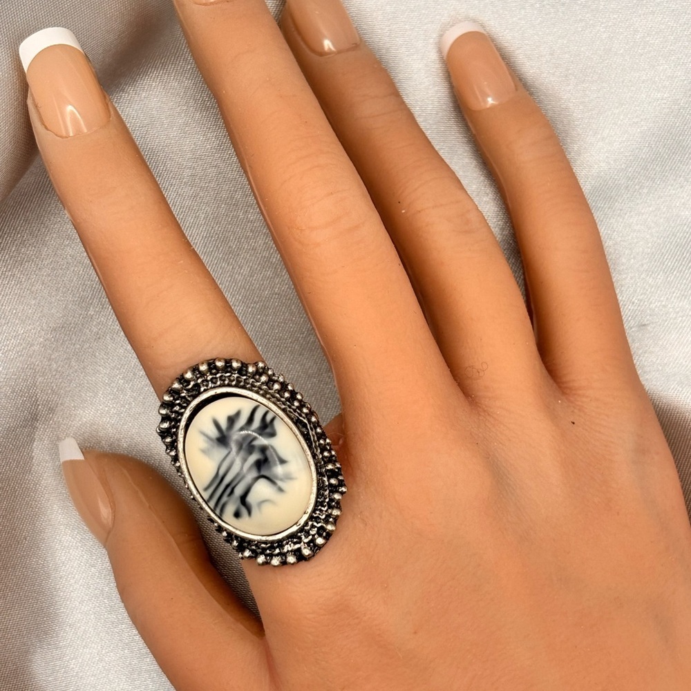 Silver-Tone Dendritic Agate Statement Ring - Picture 2 of 14